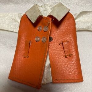 VINTAGE 1960S MOD SHILLMAN CLONE ORANGE FAUX LEATHER PLEATHER TOP FOR BARBIE A17